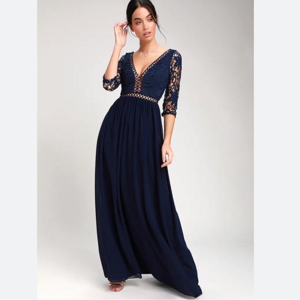 Lulu’s Avalynn Navy Blue Three-Quarter Sleeve Lace Maxi Dress